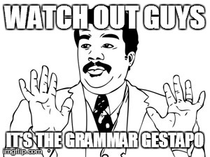 Neil deGrasse Tyson Meme | WATCH OUT GUYS IT'S THE GRAMMAR GESTAPO | image tagged in memes,neil degrasse tyson | made w/ Imgflip meme maker