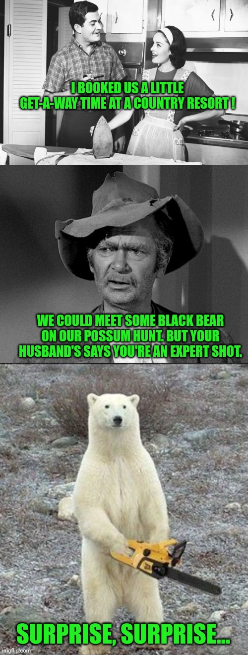 Well.... THAT escalated fast ! | I BOOKED US A LITTLE GET-A-WAY TIME AT A COUNTRY RESORT ! WE COULD MEET SOME BLACK BEAR ON OUR POSSUM HUNT. BUT YOUR HUSBAND'S SAYS YOU'RE AN EXPERT SHOT. SURPRISE, SURPRISE... | image tagged in vintage husband and wife,jed clampett,memes,chainsaw bear | made w/ Imgflip meme maker