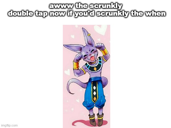 Beerus=Scrunkly |  awww the scrunkly
 double tap now if you'd scrunkly the when | image tagged in blank white template,scrunkly,beerus,dragon ball super,toei animation | made w/ Imgflip meme maker