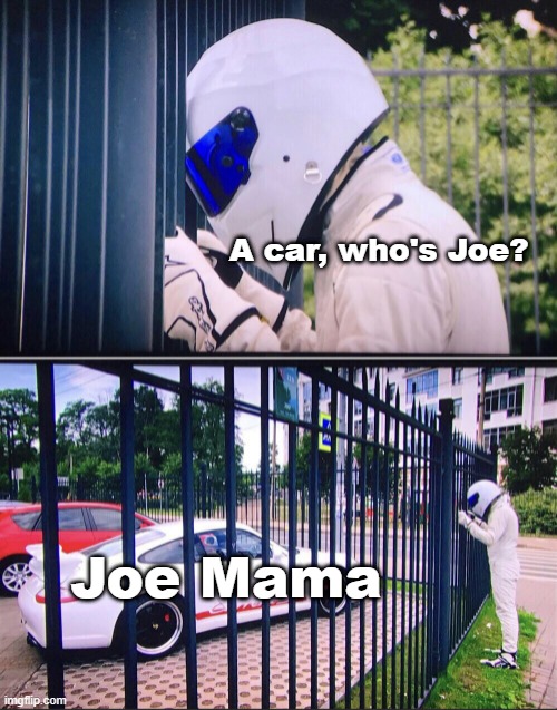 That one Joe Mama was not the world | A car, who's Joe? Joe Mama | image tagged in stig,memes | made w/ Imgflip meme maker