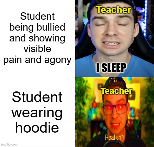 True dat | Teacher; Student being bullied and showing visible pain and agony; Student wearing hoodie; Teacher | image tagged in mandjtv version of i sleep and real shi meme | made w/ Imgflip meme maker