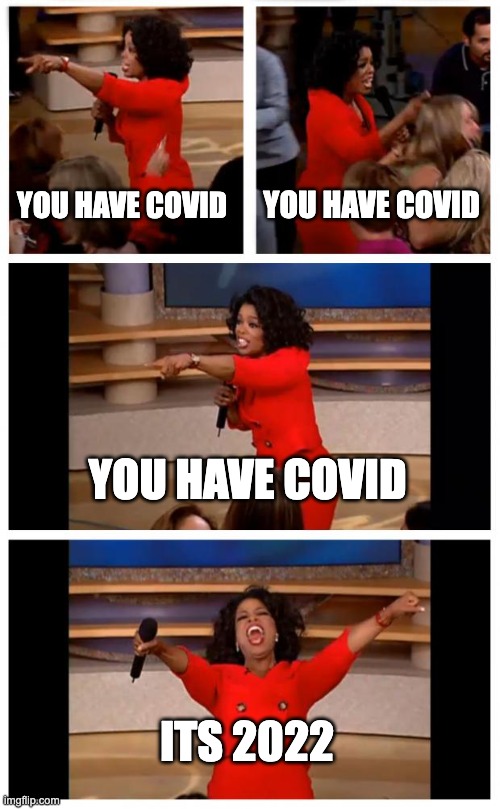 2022 sucks |  YOU HAVE COVID; YOU HAVE COVID; YOU HAVE COVID; ITS 2022 | image tagged in memes,oprah you get a car everybody gets a car,2022,sucks,covid | made w/ Imgflip meme maker