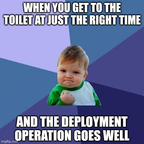 Deployment operations at the toilet | WHEN YOU GET TO THE TOILET AT JUST THE RIGHT TIME; AND THE DEPLOYMENT OPERATION GOES WELL | image tagged in memes,success kid | made w/ Imgflip meme maker