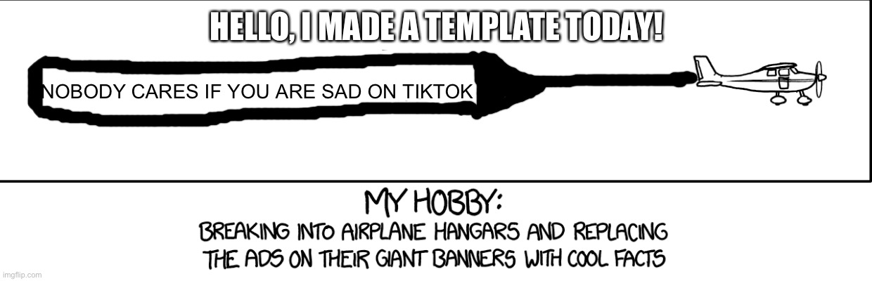 NEW TEMPLATE!!! | HELLO, I MADE A TEMPLATE TODAY! NOBODY CARES IF YOU ARE SAD ON TIKTOK | image tagged in plane banner,plane,xkcd,randall munroe | made w/ Imgflip meme maker
