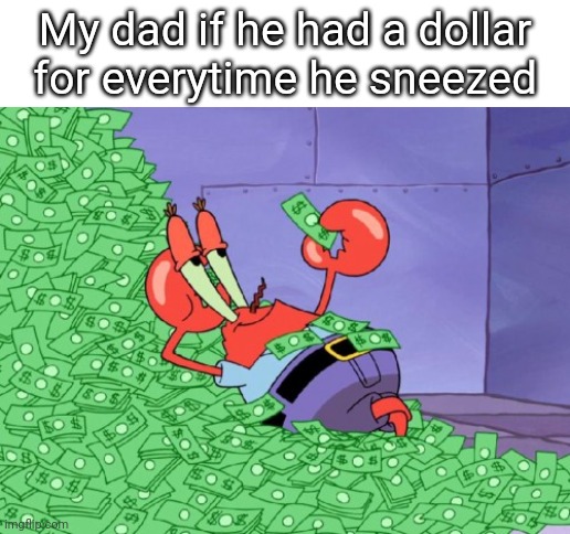 mr krabs money |  My dad if he had a dollar for everytime he sneezed | image tagged in mr krabs money,memes,meme,funny memes | made w/ Imgflip meme maker