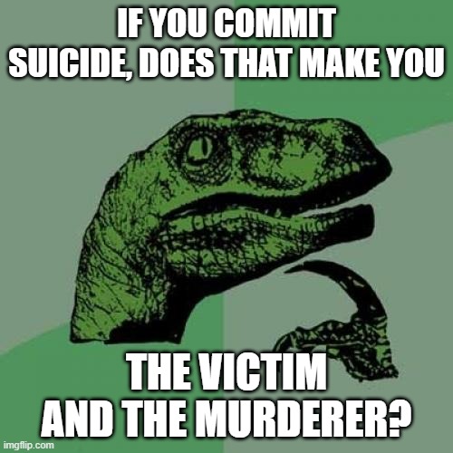 This is what's called Suicidal Thoughts |  IF YOU COMMIT SUICIDE, DOES THAT MAKE YOU; THE VICTIM AND THE MURDERER? | image tagged in memes,philosoraptor,suicide | made w/ Imgflip meme maker