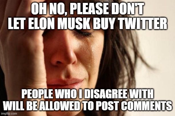 First World Problems | OH NO, PLEASE DON'T LET ELON MUSK BUY TWITTER; PEOPLE WHO I DISAGREE WITH WILL BE ALLOWED TO POST COMMENTS | image tagged in memes,first world problems | made w/ Imgflip meme maker