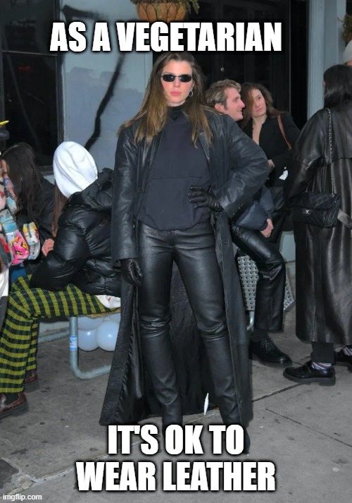 As a Vegetarian |  AS A VEGETARIAN; IT'S OK TO WEAR LEATHER | image tagged in vegetarian,leather | made w/ Imgflip meme maker