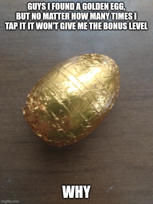 Yeah it's a dumb joke but I don't care (if you didn't know, I'm referencing Angry Birds) | GUYS I FOUND A GOLDEN EGG, BUT NO MATTER HOW MANY TIMES I TAP IT IT WON'T GIVE ME THE BONUS LEVEL; WHY | made w/ Imgflip meme maker