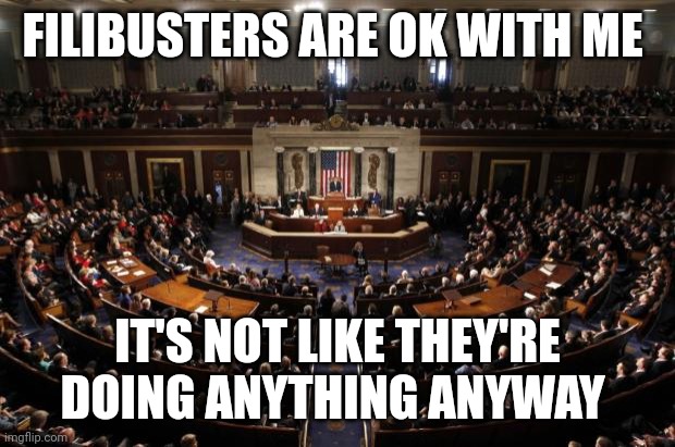 Pro and Congress | FILIBUSTERS ARE OK WITH ME; IT'S NOT LIKE THEY'RE DOING ANYTHING ANYWAY | image tagged in congress,politicians suck,one does not simply,wow look nothing,arrogant,elitist | made w/ Imgflip meme maker