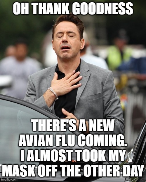 Relief | OH THANK GOODNESS; THERE'S A NEW AVIAN FLU COMING.
I ALMOST TOOK MY MASK OFF THE OTHER DAY | image tagged in relief | made w/ Imgflip meme maker