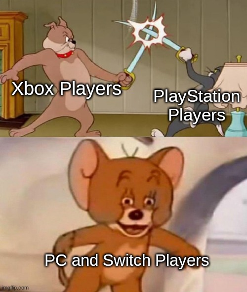 Xbox vs Playstation | Xbox Players; PlayStation Players; PC and Switch Players | image tagged in tom and jerry swordfight | made w/ Imgflip meme maker