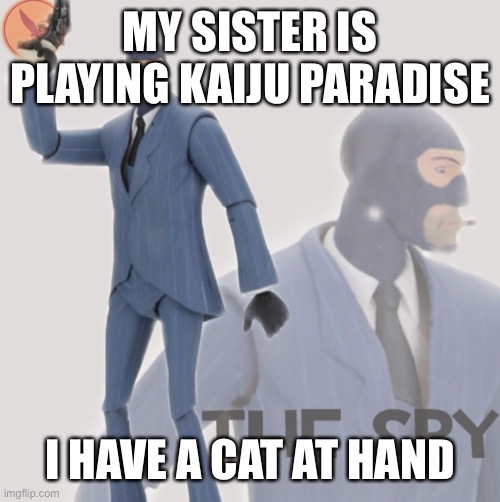 do I attack or not | MY SISTER IS PLAYING KAIJU PARADISE; I HAVE A CAT AT HAND | image tagged in meet the spy | made w/ Imgflip meme maker