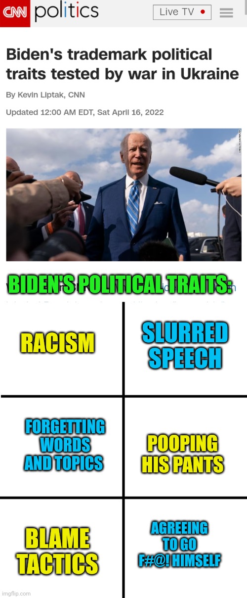 Thank you CNN for making the meme easy this morning | BIDEN'S POLITICAL TRAITS:; SLURRED SPEECH; RACISM; FORGETTING WORDS AND TOPICS; POOPING HIS PANTS; AGREEING TO GO F#@! HIMSELF; BLAME TACTICS | image tagged in comparison chart | made w/ Imgflip meme maker