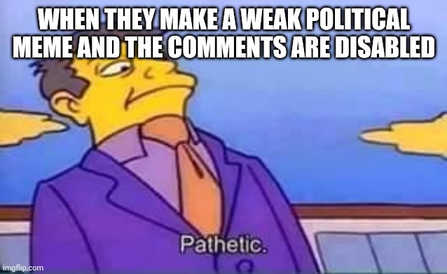 Comments are free speech? | WHEN THEY MAKE A WEAK POLITICAL MEME AND THE COMMENTS ARE DISABLED | image tagged in skinner pathetic,politics lol,comment section,lol guy | made w/ Imgflip meme maker