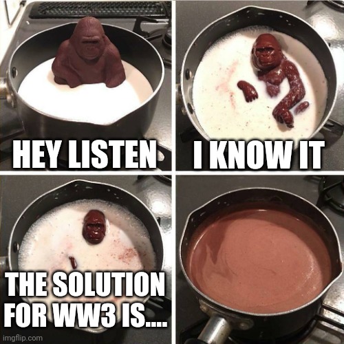 chocolate gorilla | HEY LISTEN I KNOW IT THE SOLUTION FOR WW3 IS.... | image tagged in chocolate gorilla | made w/ Imgflip meme maker