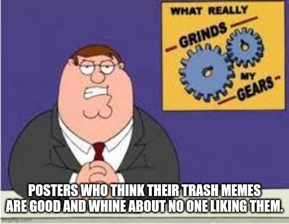 You know what really grinds my gears | POSTERS WHO THINK THEIR TRASH MEMES ARE GOOD AND WHINE ABOUT NO ONE LIKING THEM. | image tagged in you know what really grinds my gears | made w/ Imgflip meme maker