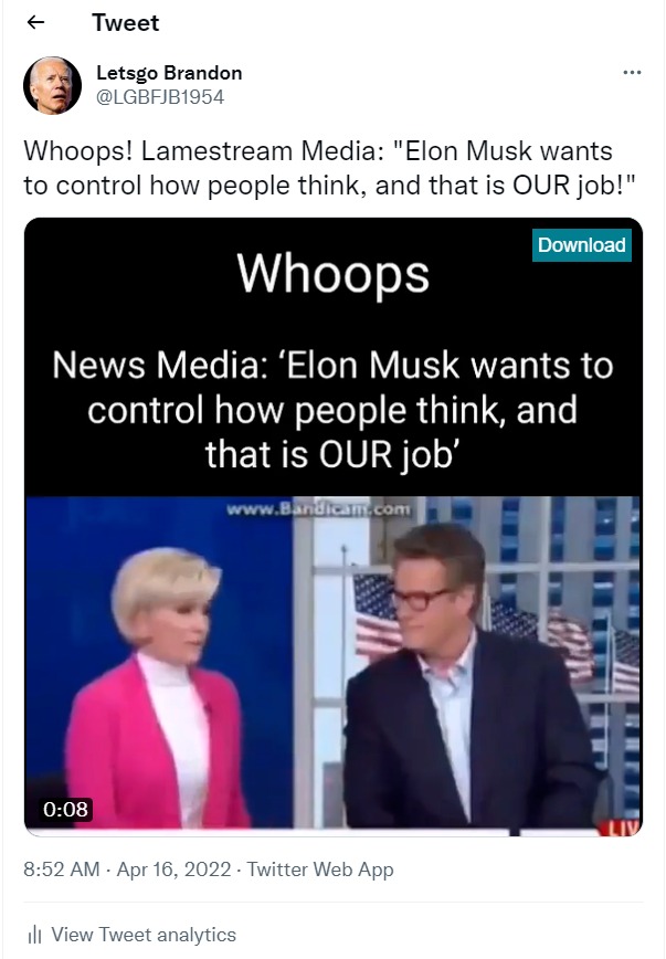 Whoops! Lamestream Media: "Elon Musk wants to control how people think, and that's OUR job!" | image tagged in elon musk,elon musk laughing,twitter,lamestream media,whoops,lets go brandon | made w/ Imgflip meme maker