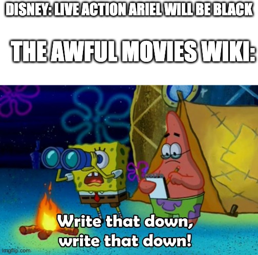 Based on one of the STUPIDEST casting decisions yet | DISNEY: LIVE ACTION ARIEL WILL BE BLACK; THE AWFUL MOVIES WIKI: | image tagged in write that down | made w/ Imgflip meme maker