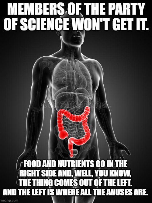 The science of biology gets it right | MEMBERS OF THE PARTY OF SCIENCE WON'T GET IT. FOOD AND NUTRIENTS GO IN THE RIGHT SIDE AND, WELL, YOU KNOW, THE THING COMES OUT OF THE LEFT. AND THE LEFT IS WHERE ALL THE ANUSES ARE. | image tagged in science,anatomy | made w/ Imgflip meme maker