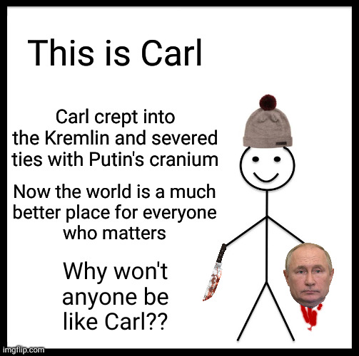 I'm getting real tired of your shit, Vlad | This is Carl; Carl crept into the Kremlin and severed ties with Putin's cranium; Now the world is a much
better place for everyone
who matters; Why won't
anyone be
like Carl?? | image tagged in memes,be like bill | made w/ Imgflip meme maker