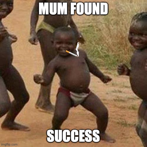Third World Success Kid | MUM FOUND; SUCCESS | image tagged in memes,third world success kid | made w/ Imgflip meme maker