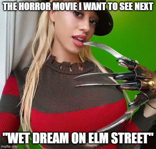 "Wet Dream On Elm Street" | THE HORROR MOVIE I WANT TO SEE NEXT; "WET DREAM ON ELM STREET" | image tagged in freddy krueger,nightmare on elm street,parody,stormi maya,horror movies | made w/ Imgflip meme maker