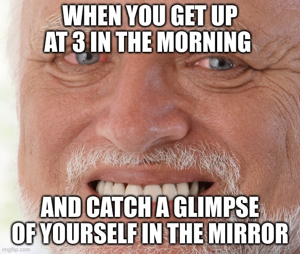Hide the Pain Harold | WHEN YOU GET UP AT 3 IN THE MORNING; AND CATCH A GLIMPSE OF YOURSELF IN THE MIRROR | image tagged in hide the pain harold | made w/ Imgflip meme maker