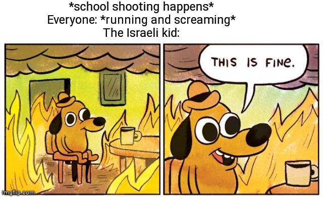 This is fine | *school shooting happens*
Everyone: *running and screaming*
The Israeli kid: | image tagged in memes,this is fine,dark humor | made w/ Imgflip meme maker