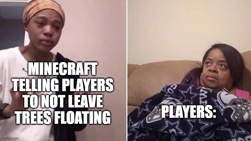 Me explaining to my mom | MINECRAFT TELLING PLAYERS TO NOT LEAVE TREES FLOATING; PLAYERS: | image tagged in me explaining to my mom | made w/ Imgflip meme maker