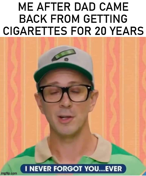 ME AFTER DAD CAME BACK FROM GETTING CIGARETTES FOR 20 YEARS | image tagged in who_am_i | made w/ Imgflip meme maker