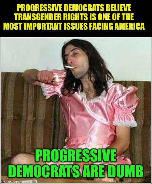 Estimate are about .6 percent of the population is transgender | PROGRESSIVE DEMOCRATS BELIEVE TRANSGENDER RIGHTS IS ONE OF THE MOST IMPORTANT ISSUES FACING AMERICA; PROGRESSIVE DEMOCRATS ARE DUMB | image tagged in transgender rights,promote transgenderism,dysphoria,gender confused,look between your legs | made w/ Imgflip meme maker