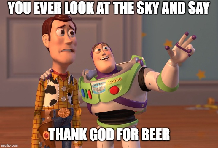 Beeeeeeer | YOU EVER LOOK AT THE SKY AND SAY; THANK GOD FOR BEER | image tagged in memes,x x everywhere | made w/ Imgflip meme maker