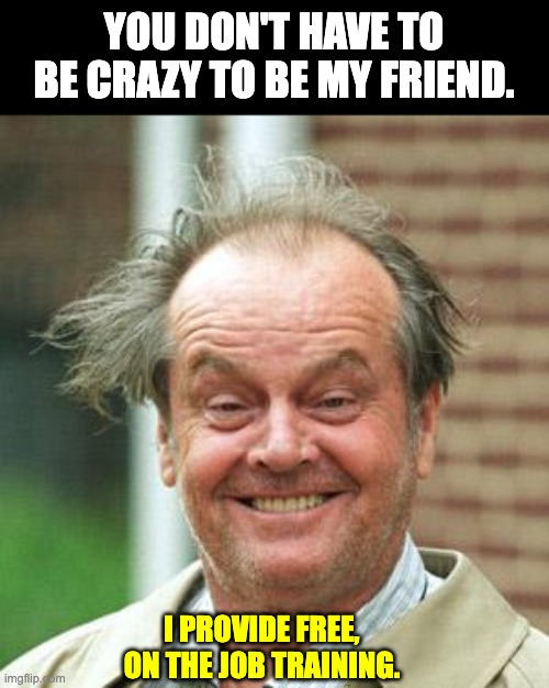 Crazy | YOU DON'T HAVE TO BE CRAZY TO BE MY FRIEND. I PROVIDE FREE, ON THE JOB TRAINING. | image tagged in jack nicholson crazy hair | made w/ Imgflip meme maker