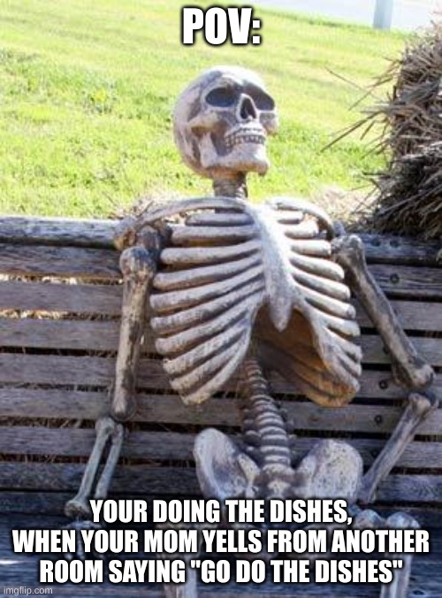 Waiting Skeleton Meme | POV:; YOUR DOING THE DISHES, WHEN YOUR MOM YELLS FROM ANOTHER ROOM SAYING "GO DO THE DISHES" | image tagged in memes,waiting skeleton | made w/ Imgflip meme maker