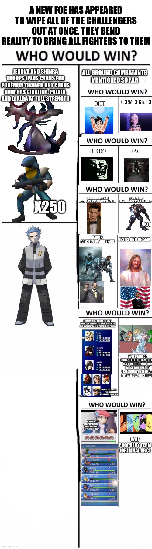 I’m bored, semi boss fight scenario for all fighters | A NEW FOE HAS APPEARED TO WIPE ALL OF THE CHALLENGERS OUT AT ONCE, THEY BEND REALITY TO BRING ALL FIGHTERS TO THEM; ALL GROUND COMBATANTS MENTIONED SO FAR; JENOVA AND SHINRA TROOPS (PLUS CYRUS FOR POKÉMON TRAINER BUT CYRUS NOW HAS GIRATINA, PALKIA, AND DIALGA AT FULL STRENGTH; X250 | image tagged in memes,who would win | made w/ Imgflip meme maker