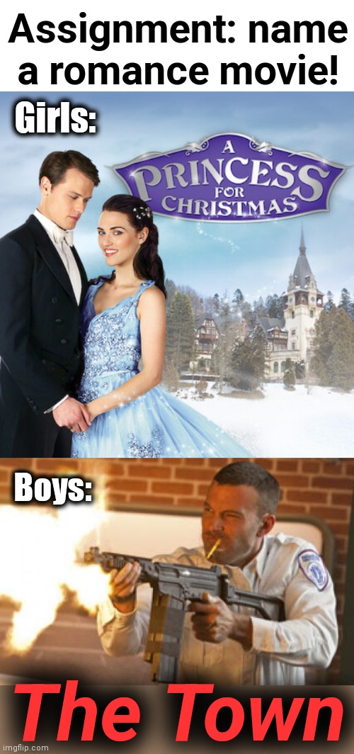 Assignment: name
a romance movie! Girls:; Boys:; The Town | image tagged in memes,romance,romantic,movie,the town,a princess for christmas | made w/ Imgflip meme maker
