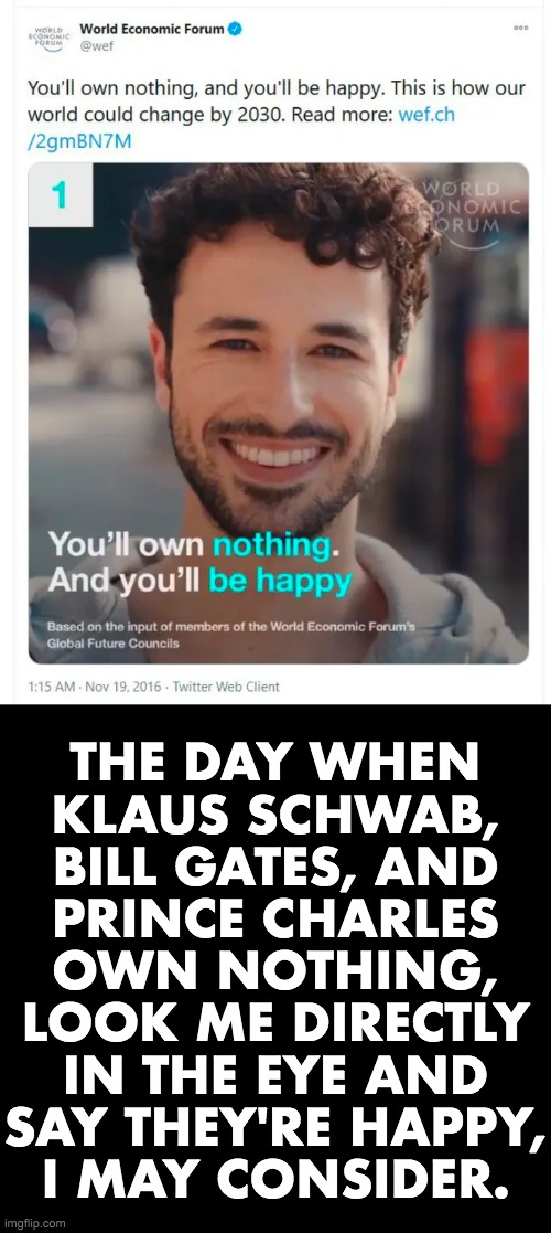 Until then, GFY! | THE DAY WHEN
KLAUS SCHWAB,
BILL GATES, AND
PRINCE CHARLES
OWN NOTHING,
LOOK ME DIRECTLY
IN THE EYE AND
SAY THEY'RE HAPPY,
I MAY CONSIDER. | image tagged in wef | made w/ Imgflip meme maker