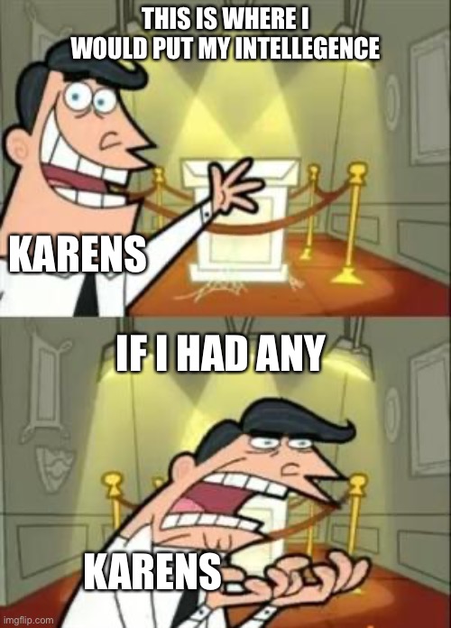 This Is Where I'd Put My Trophy If I Had One | THIS IS WHERE I WOULD PUT MY INTELLEGENCE; KARENS; IF I HAD ANY; KARENS | image tagged in memes,this is where i'd put my trophy if i had one | made w/ Imgflip meme maker