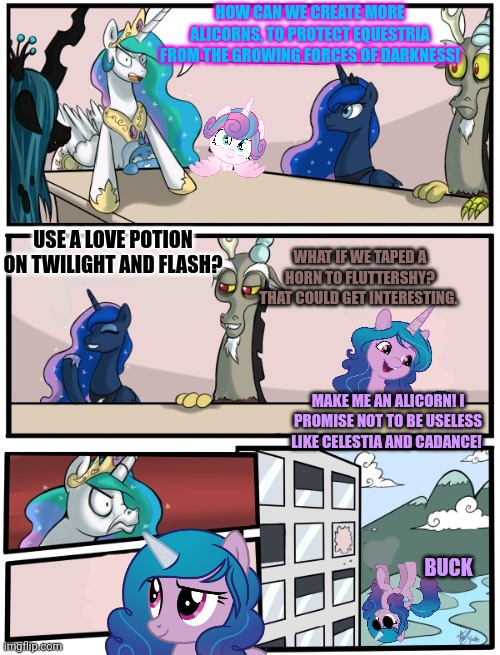 More alicorns | HOW CAN WE CREATE MORE ALICORNS, TO PROTECT EQUESTRIA FROM THE GROWING FORCES OF DARKNESS! USE A LOVE POTION ON TWILIGHT AND FLASH? WHAT IF WE TAPED A HORN TO FLUTTERSHY? THAT COULD GET INTERESTING. MAKE ME AN ALICORN! I PROMISE NOT TO BE USELESS LIKE CELESTIA AND CADANCE! BUCK | image tagged in pony boardroom meeting,princess celestia,mlp,izzy | made w/ Imgflip meme maker
