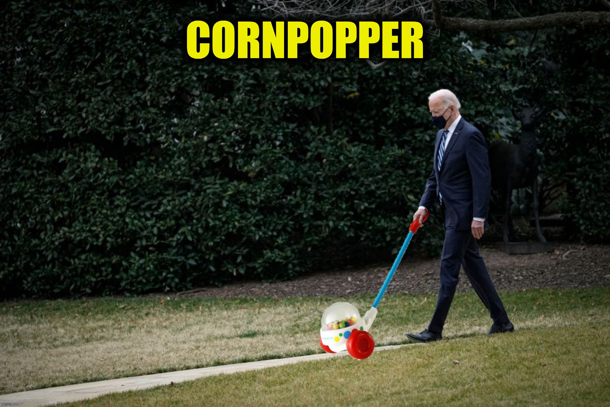 Bad Photoshop Sunday presents:  When you can't find your Slinky Dog | CORNPOPPER | image tagged in bad photoshop sunday,joe biden,cornpop,cornpopper | made w/ Imgflip meme maker