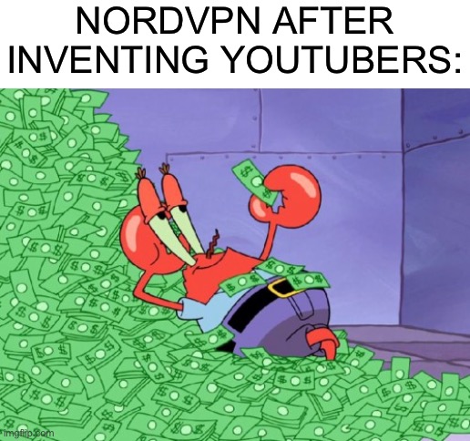 I see it in every single video i watch |  NORDVPN AFTER INVENTING YOUTUBERS: | image tagged in mr krabs money,memes,youtube,funny,funny memes | made w/ Imgflip meme maker