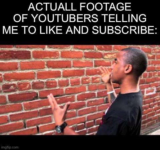 Can anyone relate? | ACTUALL FOOTAGE OF YOUTUBERS TELLING ME TO LIKE AND SUBSCRIBE: | image tagged in brick wall guy,memes,youtube,funny,funny memes,relatable | made w/ Imgflip meme maker