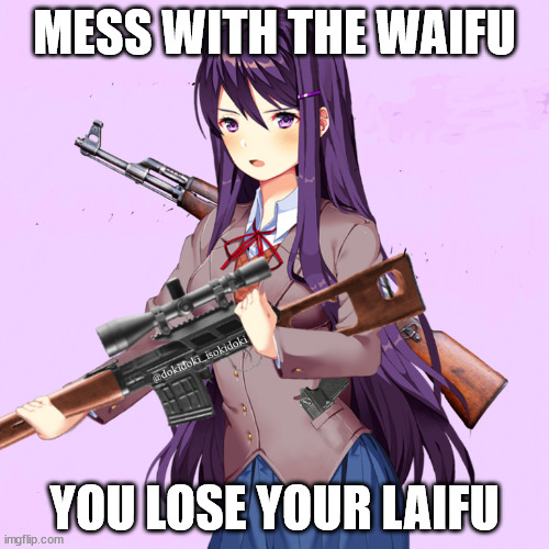 meme speaks for itself | MESS WITH THE WAIFU; YOU LOSE YOUR LAIFU | image tagged in guns,anime,memes,anime memes,dank memes | made w/ Imgflip meme maker