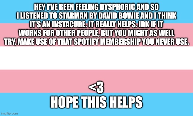 there’s a starman waiting in the sky he’d like to come and meet us… | HEY I’VE BEEN FEELING DYSPHORIC AND SO I LISTENED TO STARMAN BY DAVID BOWIE AND I THINK IT’S AN INSTACURE. IT REALLY HELPS. IDK IF IT WORKS FOR OTHER PEOPLE, BUT YOU MIGHT AS WELL TRY, MAKE USE OF THAT SPOTIFY MEMBERSHIP YOU NEVER USE. <3
HOPE THIS HELPS | image tagged in trans flag | made w/ Imgflip meme maker