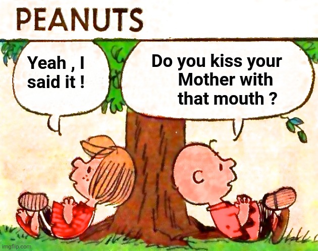 Peanuts Charlie Brown Peppermint Patty | Yeah , I
    said it ! Do you kiss your      
Mother with        
 that mouth ? | image tagged in peanuts charlie brown peppermint patty | made w/ Imgflip meme maker