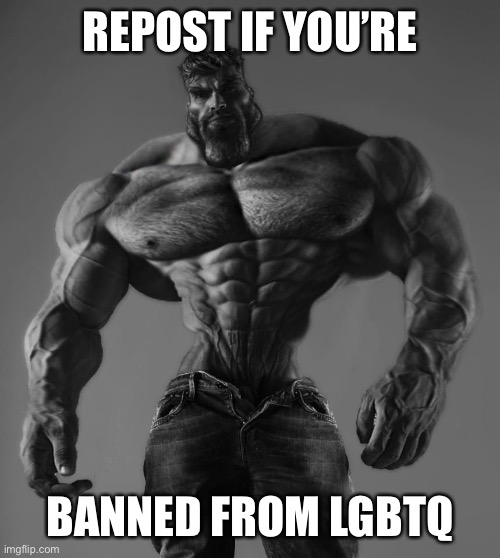 oh boy | REPOST IF YOU’RE; BANNED FROM LGBTQ | image tagged in gigachad | made w/ Imgflip meme maker