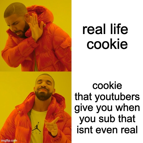 Drake Hotline Bling | real life 
cookie; cookie that youtubers give you when you sub that isnt even real | image tagged in memes,drake hotline bling | made w/ Imgflip meme maker