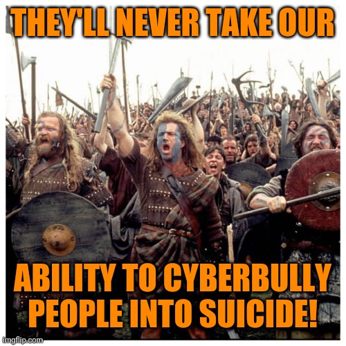 Braveheart Freedom | THEY'LL NEVER TAKE OUR ABILITY TO CYBERBULLY PEOPLE INTO SUICIDE! | image tagged in braveheart freedom | made w/ Imgflip meme maker