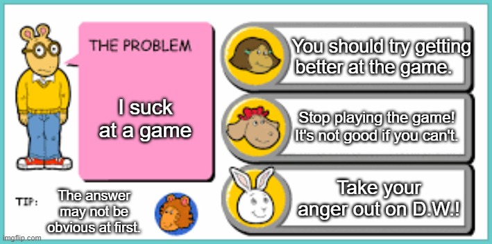 what | You should try getting better at the game. I suck at a game; Stop playing the game! It's not good if you can't. Take your anger out on D.W.! The answer may not be obvious at first. | image tagged in you've got to be kidding me | made w/ Imgflip meme maker
